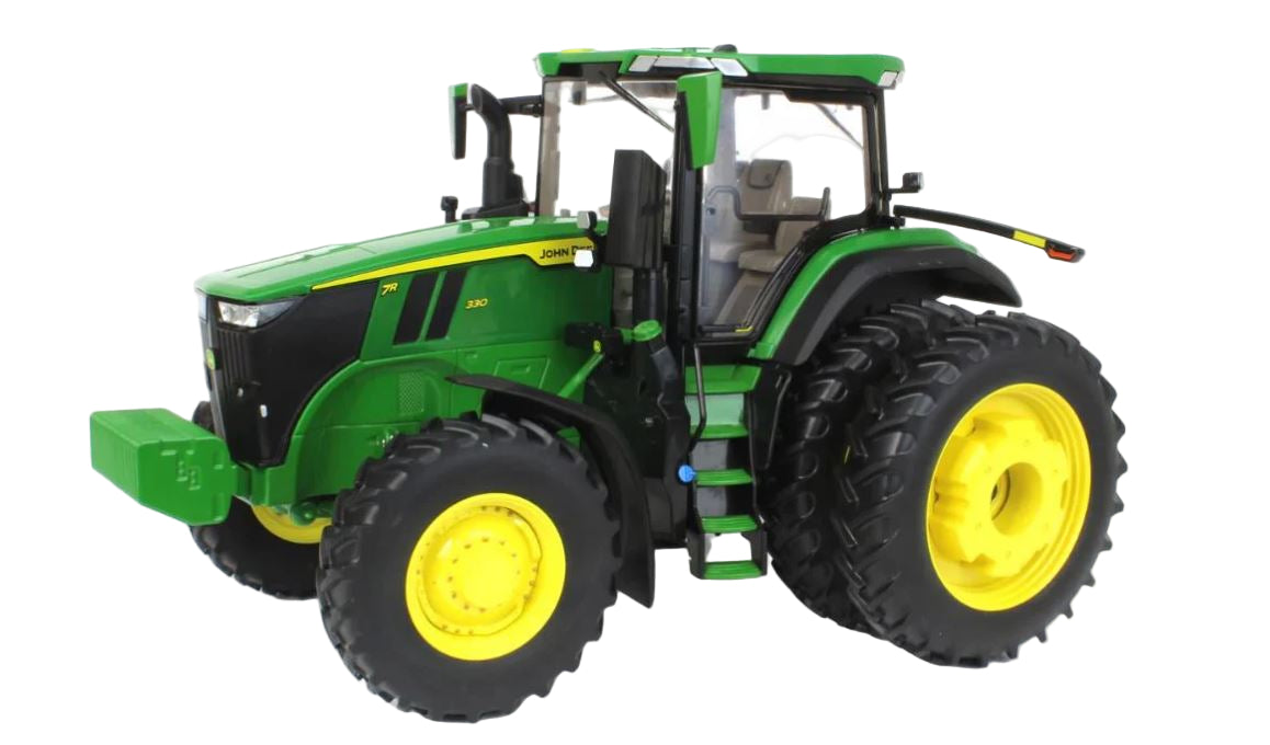 Toy tractor with green body and yellow wheels on a white background
