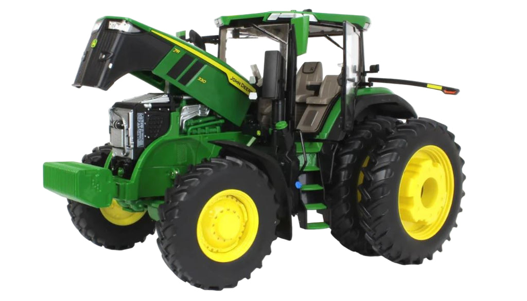 Toy tractor with green and yellow colors on a white background