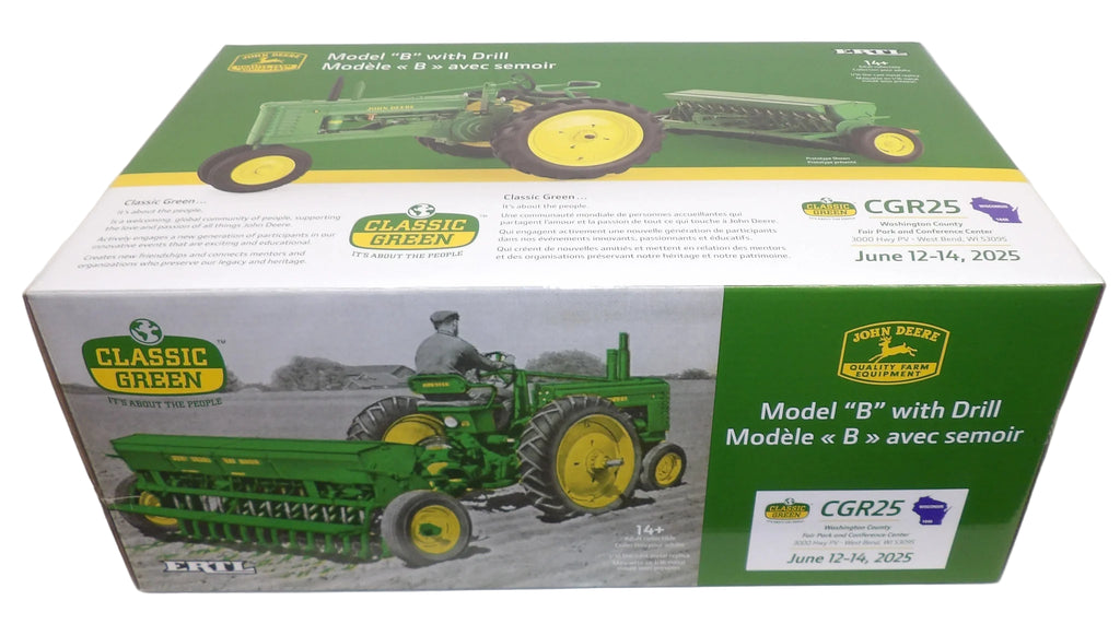 Boxed John Deere Model 'B' tractor with drill on a white background