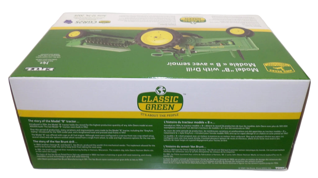 Box of a toy tractor model with branding on a white background