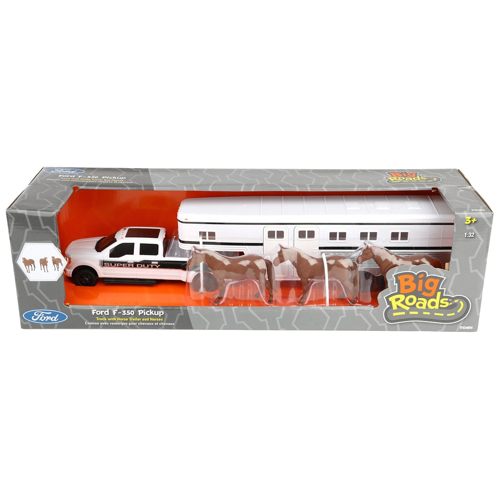 Toy truck and camper set in packaging with 'Big Roads' branding on a white background