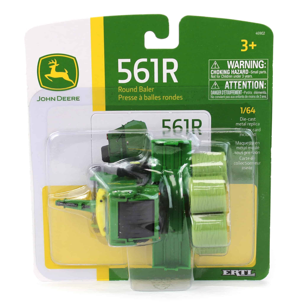 John Deere toy round baler in packaging with brand logo and product details.