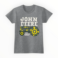 John Deere Floral Tractor Ladies T-Shirt in heather grey with vintage floral tractor print and 'Since 1837' text. Soft cotton blend, short sleeves.