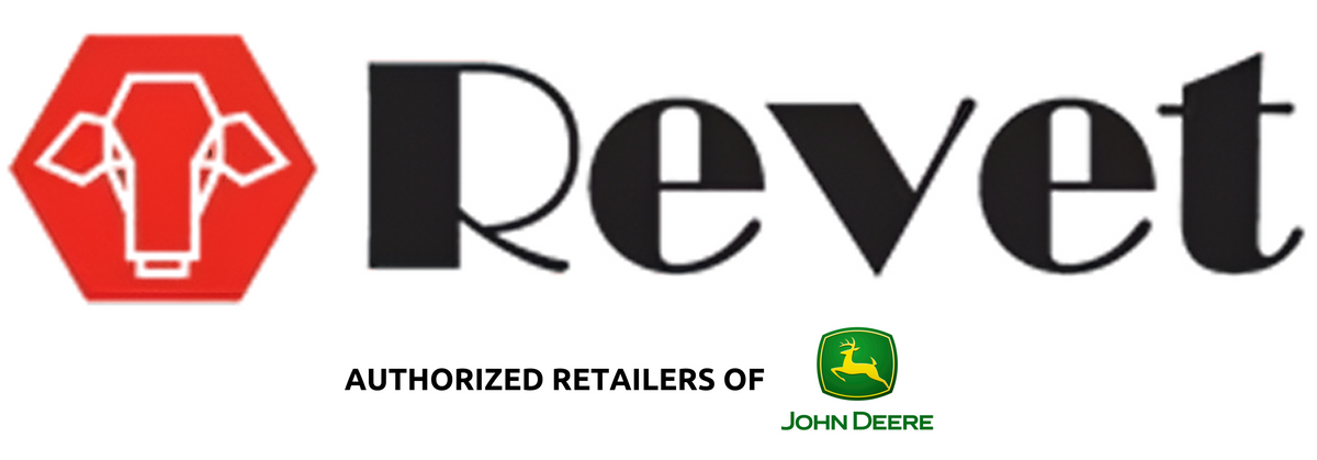 Logo of Revet with a red hexagonal design and text, featuring John Deere branding.