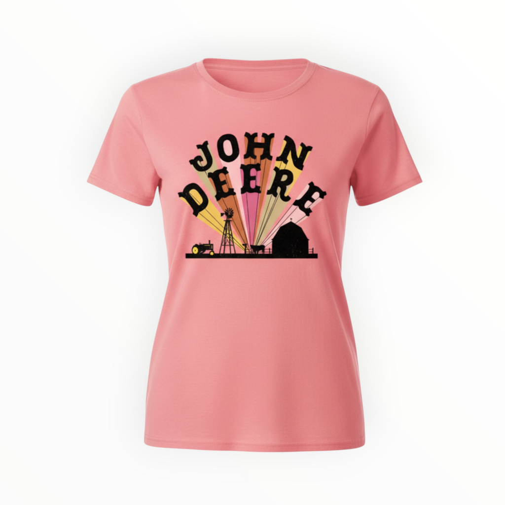 John Deere Barn Scene Silhouette Ladies T-Shirt in pink with black farm silhouette and bold logo, ideal for casual wear and farm-inspired fashion.