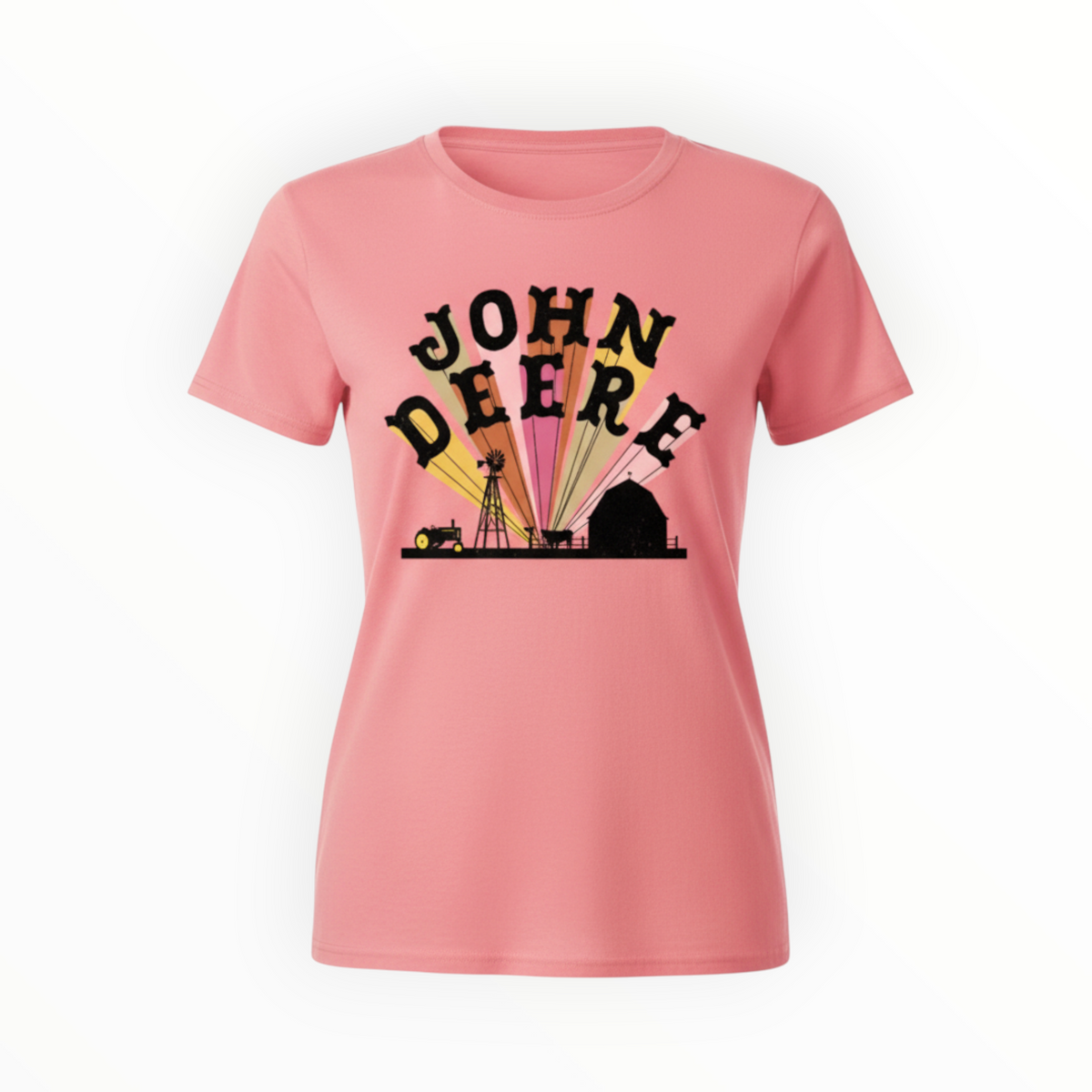 John Deere Barn Scene Silhouette Ladies T-Shirt in pink with black farm silhouette and bold logo, ideal for casual wear and farm-inspired fashion.