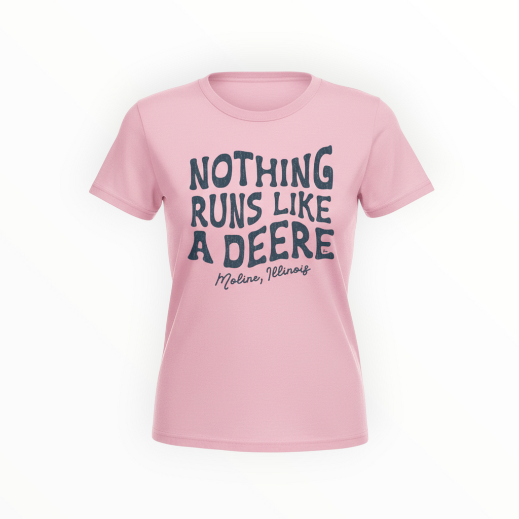 John Deere Ladies T-Shirt - Heritage Design in pink with 'Nothing Runs Like a Deere' slogan, ideal for casual wear in warm climates.