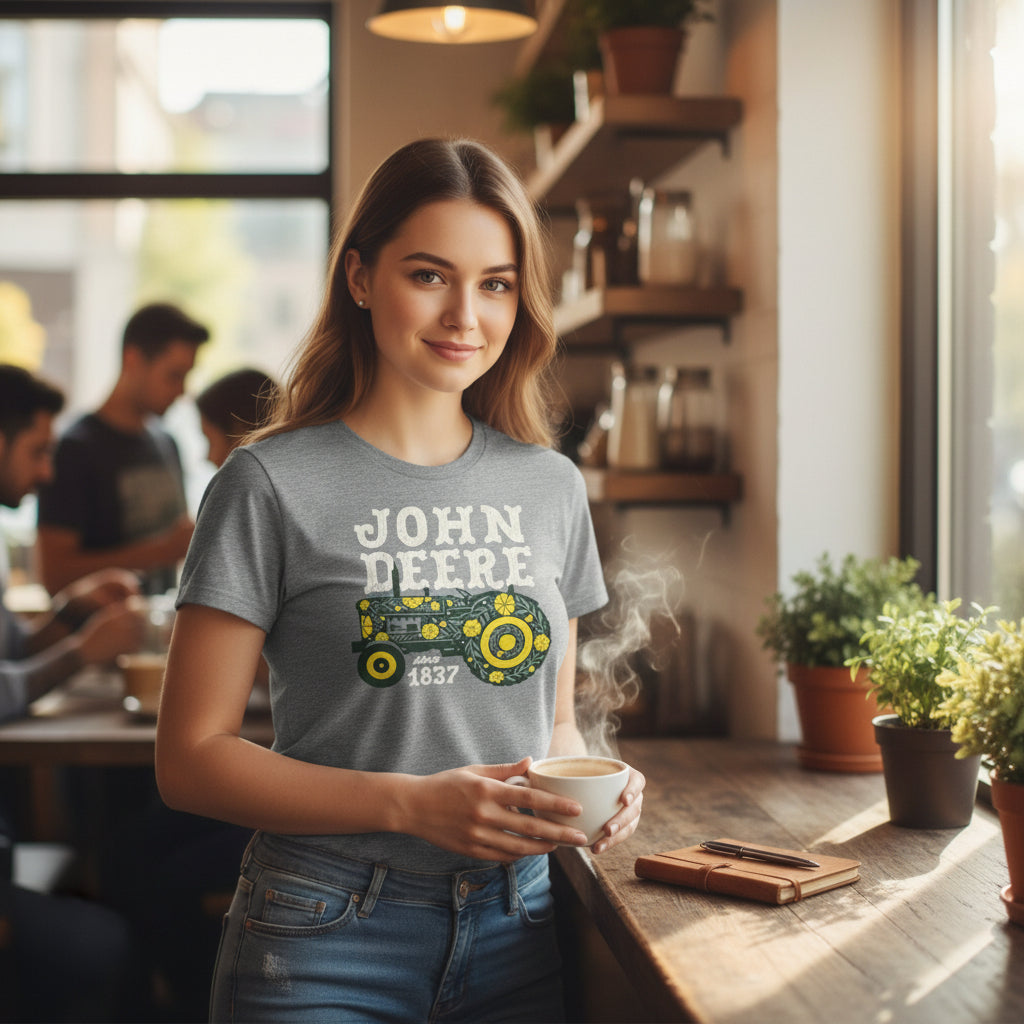 Woman wearing John Deere Floral Tractor Ladies T-Shirt in a cozy café. Stylish western design with floral tractor graphic, ideal for casual wear.