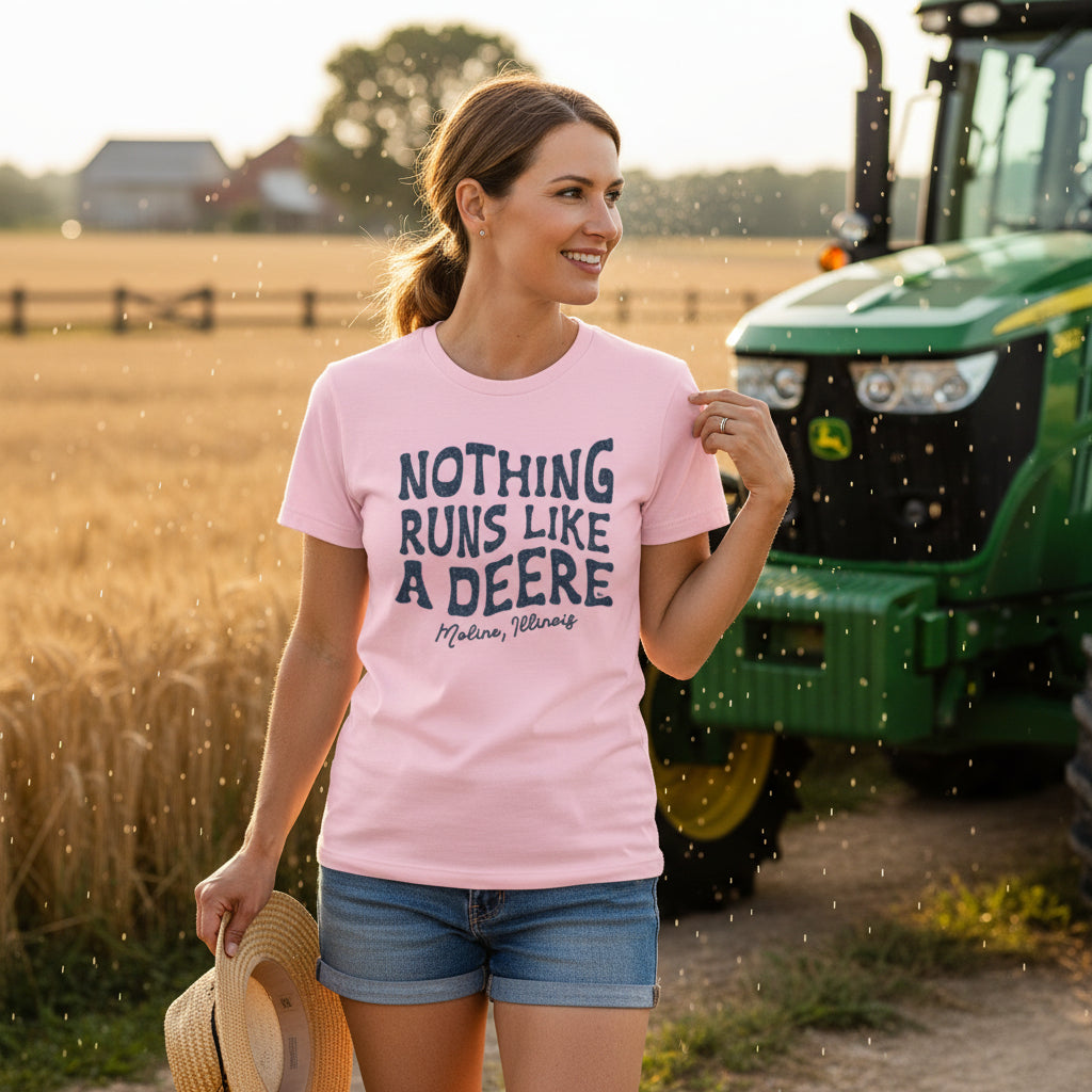 Woman wearing John Deere Ladies T-Shirt - Heritage Design in a farm setting, showcasing comfort and rural style with iconic Deere branding.