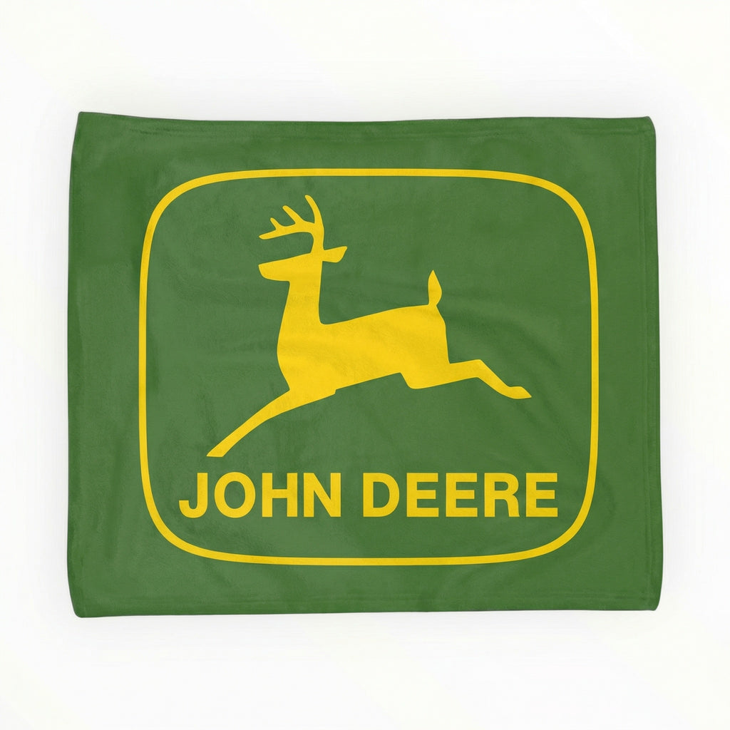 John Deere Green Logo Rally Towel featuring bold yellow deer emblem and text on green background. Ideal for fans and outdoor events.